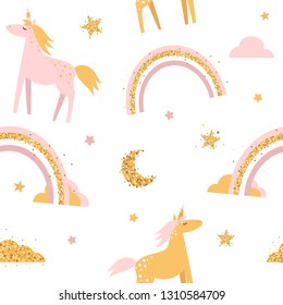 Cute seamless pattern with unicorns and rainbows. Month, horse, clouds, golden stars. Vector illustration on white background. Suitable for printing on fabric, wallpaper, paper.