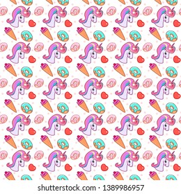 Cute seamless pattern with unicorns, stars, donuts and ice cream cones. Multicolored little stickers with magic animals and sweets. Idea for design