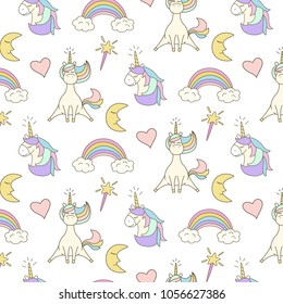Cute seamless pattern with unicorns. Vector illustration.