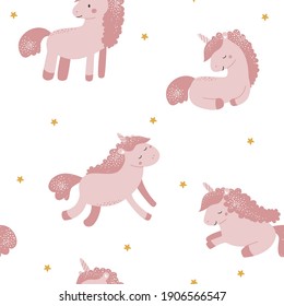 Cute seamless pattern with unicorns. Vector illustration.