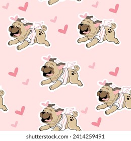 Cute seamless pattern with valentines cartoon pug dogs and hearts on a pink background. Vector illustration for Valentine's Day and birthday