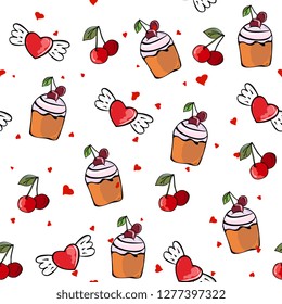 Cute seamless pattern Valentines day, wedding hand drawing
on a white background. Symbol of the day of love with hearts, cherries and cupcake. background for cards, paper wrapper 