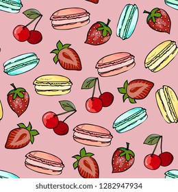 Cute seamless pattern Valentines day hand drawing . Symbol of the day of love  colorful macaroon cake,strawberries and cherries, . background for cards, paper wrapper 
