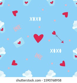 Cute seamless pattern with valentines day elements, hearts, arrows, envelope, cupcake with heart, pattern for textile, wrapping paper, wedding design