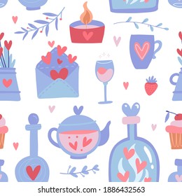 Cute seamless pattern for Valentine's Day or Wedding. Love concept. Potion love bottle and glass teapot. Vector flat hand drawn illustration.