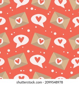 Cute seamless pattern for Valentine's day with hearts, message clouds and envelopes. Background for gift boxes, wrapping paper, wallpapers, textiles, papers, fabrics.
