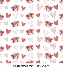 Patrón perfecto para el día de San Valentín con corazones y cajas de regalo. Antecedentes para cajas de regalo, papel de envoltura, tapicería, textiles, papeles, telas.