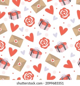 Cute seamless pattern for Valentine's day with hearts, roses, envelopes and gift boxes. Background for gift boxes, wrapping paper, wallpapers, textiles, papers, fabrics.
