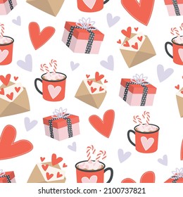 Cute seamless pattern for Valentine's day with hearts, mugs, envelopes and gift boxes. Background for gift boxes, wrapping paper, wallpapers, textiles, papers, fabrics.