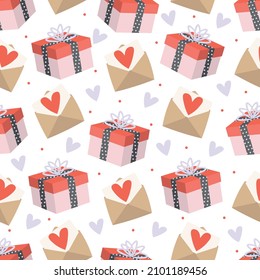Patrón perfecto para el día de San Valentín con corazones, sobres y cajas de regalo. Antecedentes para cajas de regalo, papel de envoltura, tapicería, textiles, papeles, telas.