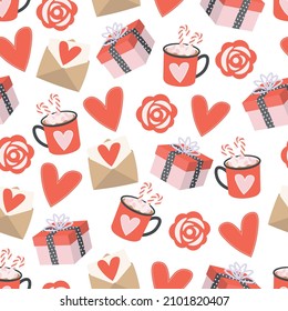 Patrón perfecto para el día de San Valentín con corazones, rosas y tazas. 
 Antecedentes de cajas de regalo, papel de embalaje, papel pintado, textiles, 