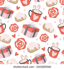 Cute seamless pattern for Valentine's day with hearts, mugs, roses, cinnabons and gift boxes. Background for gift boxes, wrapping paper, wallpapers, textiles, papers, fabrics.