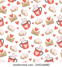 Cute seamless pattern for Valentine's day with hearts, mugs, envelopes and cinnabons. Background for gift boxes, wrapping paper, wallpapers, textiles, papers, fabrics.
