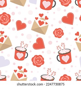 Cute seamless pattern for Valentine's day with hearts and mugs. Background for gift boxes, wrapping paper, wallpapers, textiles, papers, fabrics.