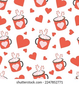 Cute seamless pattern for Valentine's day with hearts and mugs. Background for gift boxes, wrapping paper, wallpapers, textiles, papers, fabrics.