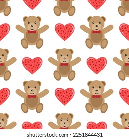 Cute seamless pattern for Valentine's Day. Bears and hearts on a white background. Vector illustration.