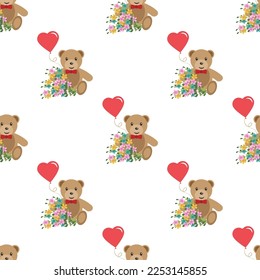 Cute seamless pattern for Valentine's Day. Bears and hearts on a white background. Vector illustration.