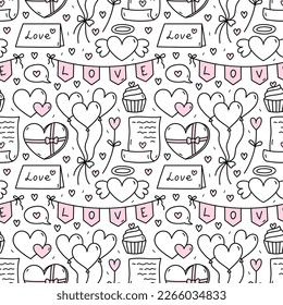 Cute seamless pattern for Valentine's Day with hearts,  letters, balloons, cupcakes, chocolate candy. Vector hand-drawn doodle illustration. Perfect for holiday designs, print, decor, wrapping paper.