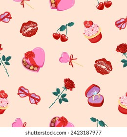 Cute seamless pattern with Valentine's Day items on peach background. Handmade vector illustration