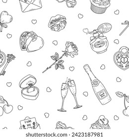 Cute seamless pattern with Valentine's Day doodle items on a white background. Handmade vector illustration