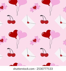 Cute seamless pattern for Valentine's day with balloons, envelope and cherry. The illustration is hand drawn.