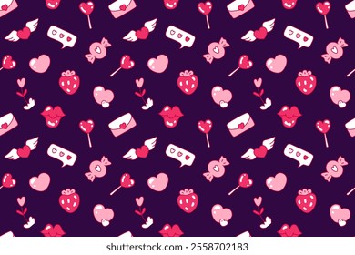 Cute seamless pattern for Valentine's day with hearts, envelope and lollipops. Decorative wallpaper. Valentine's day holiday backdrop texture, romantic wedding design. Hand drawn illustration