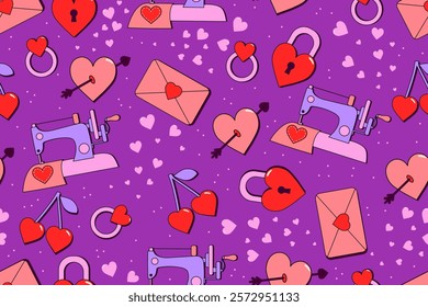 Cute seamless pattern Valentine's Day. Romantic objects on purple background. Sewing machine, heart with arrow, envelope, wedding ring, cherries and heart-shaped lock. Retro style, vector illustration