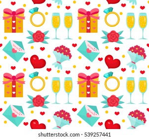 Cute seamless pattern Valentines Day with flowers, ring, gift. Love, romance, wedding endless background, texture, wallpaper. Flat, cartoon style. Vector illustration.