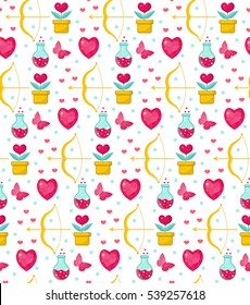 Cute seamless pattern Valentines Day with flowers, bow cupid, love potion. Love, romance endless background, texture, wallpaper. Flat, cartoon style. Vector illustration.