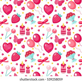 Cute seamless pattern Valentines day with strawberries, heart, flower, butterfly, ribbon. Love, romance endless background, texture, wallpaper. Flat, cartoon style. Vector illustration.