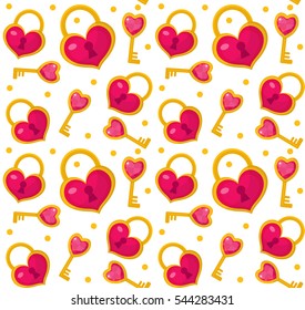 Cute seamless pattern Valentines day with heart lock, heart key. Love, romance endless background, texture, wallpaper. Flat, cartoon style. Vector illustration.