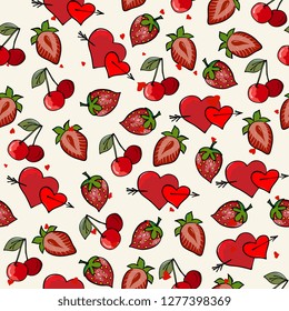 Cute seamless pattern Valentines day,wedding hand drawing. Symbol of Valentine's Day hearts, strawberries and cherries.background for cards, paper wrapper 