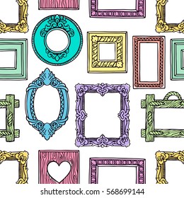 cute seamless pattern of varicolored pictures frames on white background. hand-drawn illustration