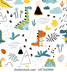 Cute seamless pattern with varied dinosaurs, mountains, volcanoes, palm trees, clouds, eggs, footprints. Baby Vector Illustration in scandinavian style. Creative childish background for fabric