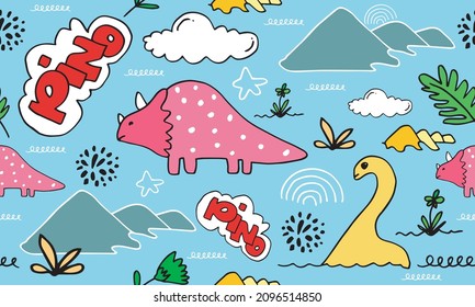 Cute seamless pattern with varied dinosaurs, mountains, volcanoes, leaves, clouds. Baby Vector Illustration in scandinavian style. Creative childish background for fabric