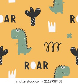 Cute seamless pattern with varied dinosaurs. Creative childish background for fabric.