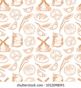 cute seamless pattern with a variety of bakery products. hand drawn illustration