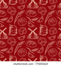 cute seamless pattern with a variety of bakery products. hand drawn illustration