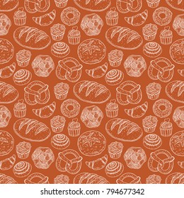 cute seamless pattern with a variety of bakery products. hand drawn illustration