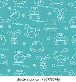 Cute seamless pattern with variety of children's toys: rocking horse, ball, machine, rabbit, helicopter. Design for poster or print.