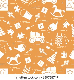 Cute seamless pattern with variety of children's toys: rocking horse, cubes, rattle, pyramid, sorter and other. Design for poster or print.