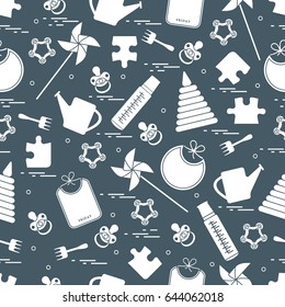 Cute seamless pattern with variety children's goods and toys: bibs, pinwheel, baby bottles, dummy, pyramid and other. Design for poster or print.