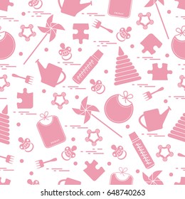 Cute seamless pattern with variety children's goods and toys: bibs, pinwheel, baby bottles, dummy, pyramid and other. Design for poster or print.