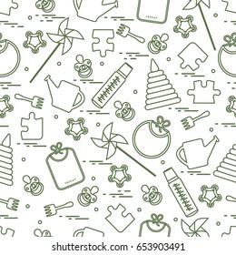 Cute seamless pattern with variety children's goods and toys: bibs, pinwheel, baby bottles, dummy, pyramid and other. Design for poster or print.