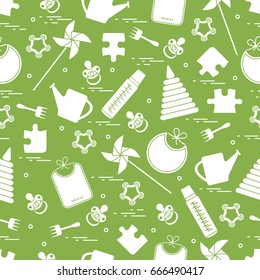 Cute seamless pattern with variety children's goods and toys: bibs, pinwheel, baby bottles, dummy, pyramid and other. Design for poster or print.