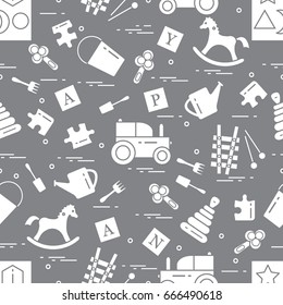 Cute seamless pattern with variety of children's toys: rocking horse, cubes, rattle, pyramid, sorter and other. Design for poster or print.