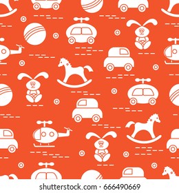 Cute seamless pattern with variety of children's toys: rocking horse, ball, machine, rabbit, helicopter. Design for poster or print.