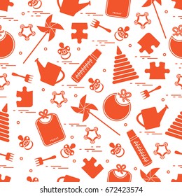 Cute seamless pattern with variety children's goods and toys: bibs, pinwheel, baby bottles, dummy, pyramid and other. Design for poster or print.