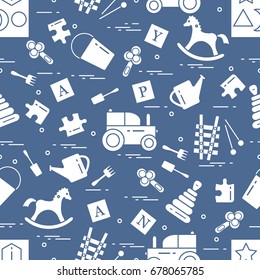 Cute seamless pattern with variety of children's toys: rocking horse, cubes, rattle, pyramid, sorter and other. Design for poster or print.