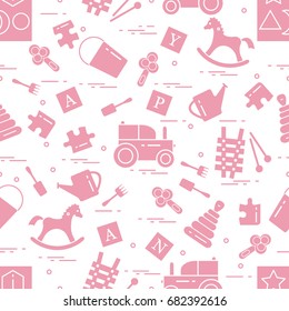 Cute seamless pattern with variety of children's toys: rocking horse, cubes, rattle, pyramid, sorter and other. Design for poster or print.